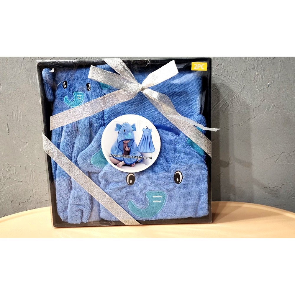 Hooded Towel & Washcloth Baby Toddler Blue Elephant Set New